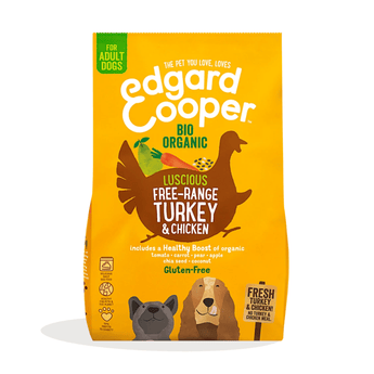 White background with an yellow bag of Edgard & Cooper Organic Adult Dog Dry Food Chicken pictured. On the packet is an illustrated French Bulldog and Cocker Spaniel. Text on the pack reads, 'Edgard & Cooper.' A silhouette of a turkey has text inside 'Luscious Free-Range Turkey & Chicken' and 'Gluten Free' below. 