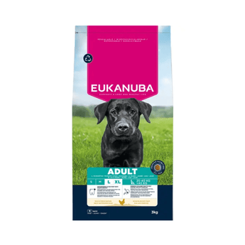A 3kg bag of Eukanuba Adult dog food for Large dogs, featuring a black dog in a green field on the front of the packaging.