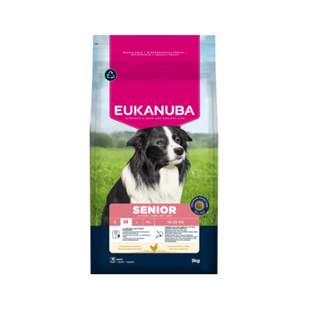 A 3kg bag of Eukanuba Senior dog food, featuring a black and white Border Collie on a green field. The packaging has a bright pink top section with the white Eukanuba logo, a photo of the dog, and a dark blue bottom section with product details.