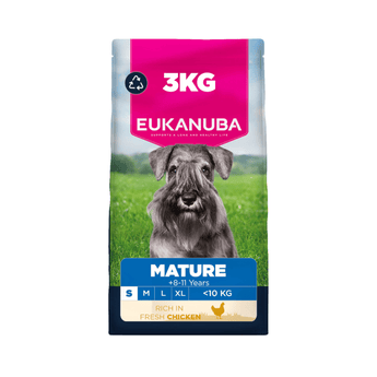 A 3kg bag of Eukanuba Mature dog food for small dogs weighing <10kg dogs featuring a grey miniature schnauzer on the front of the packaging.