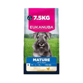 A 7.5kg bag of Eukanuba Mature dog food for small dogs weighing <10kg dogs featuring a grey miniature schnauzer on the front of the packaging.