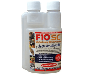 White background with a bottle of F10® SC Concentrated Veterinary Disinfectant 200ml, on the bottle is text 'Safe for all pets! Non-toxic, Non-Irraitating, Non-Corrosive, Biodegradable'. Alongside pictures of a dog, parrot, lizard, frog and cat.