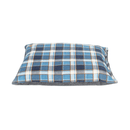 Pillow-type blue checked dog bed with a grey underside pictured on a white background. 