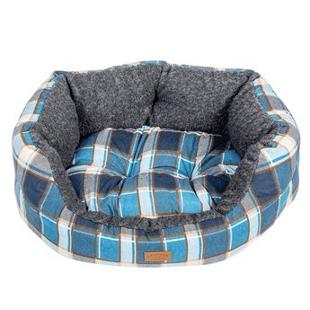 Plaid patterned pet bed with gray interior on a white background