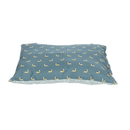 Pillow-type grey dog bed with illustrated birds and a patterned underside pictured on a white background. 