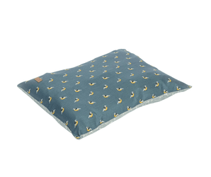 Pillow-type grey dog bed with illustrated birds and a patterned underside pictured on a white background. 
