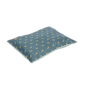 Pillow-type grey dog bed with illustrated birds and a patterned underside pictured on a white background. 