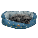 Dog lying on a blue patterned dog bed with a white background
