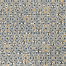 Close up of blue and yellow geometric fabric with bee details. 