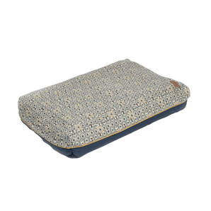 Pillow-type blue and yellow geometric patterned bed with a bee details and a blue underside pictured on a white background. 