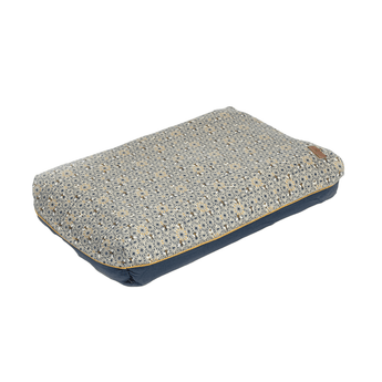 Pillow-type blue and yellow geometric patterned bed with a bee details and a blue underside pictured on a white background. 