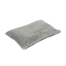 Pillow-type grey dog bed with illustrated dogs and a grey fleece underside pictured upside down on a white background. 