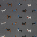 Close up of grey dog fabric with illustrated dogs - Pug, Dachshund, Boston terrier, fox terrier and Dalmatians.  