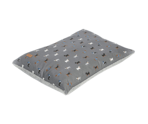 Pillow-type grey dog bed with illustrated dogs and a grey fleece underside pictured on a white background. 