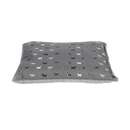 Pillow-type grey dog bed with illustrated dogs and a grey fleece underside pictured on a white background. 