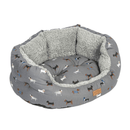 Gray pet bed with dog pattern on a white background