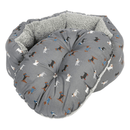Gray pet bed with dog pattern on a white background