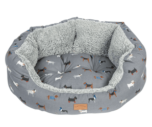 Dog bed with gray and white pattern on a white background