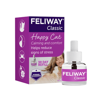 Feliway Classic Happy Cat calming diffuser refill bottle and its purple packaging box, shown on a clean white background.