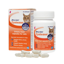 White background with a picture of an orange and white box of 30 capsule Feliway Cystease with a ginger tabby cat pictured. Text on the packet 'Feliway Cystease, Urinary tract supplement for cats, Specially formulated to help: Support feline urinary health, Support bladder lining, Reduce anxiety.' Next to the box is a bottle of the product with the same details as the box. In the foreground is a pile of the capsules. 