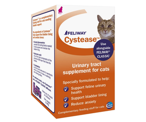 White background with a picture of an orange and white box of Feliway Cystease with a ginger tabby cat pictured. Text on the packet 'Feliway Cystease, Urinary tract supplement for cats, Specially formulated to help: Support feline urinary health, Support bladder lining, Reduce anxiety.' 