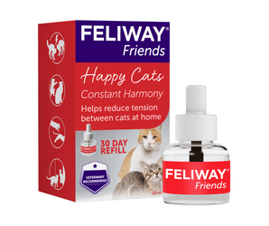 Feliway Friends Happy Cats constant harmony continuous cat pheromone refill pack, 30 day pack box with a small glass bottle and cap in front on a white background.