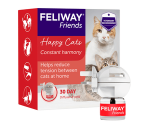'Feliway Friends, Happy Cats, constant harmony' diffuser and refill bottle shown next to its retail packaging box on a white background.