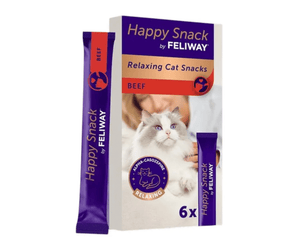 Feliway Happy Snack, Relaxing Cat Snacks in Beef flavour, showing the retail box with a cat photo and two individual purple-and-red stick packs on a white background.
