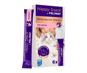 Feliway Happy Snack, Relaxing Cat Snacks Salmon, shown as a 6-pack box with two individual stick packs standing in front on a white background.