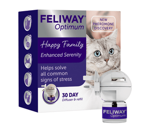 Feliway Optimum Happy Family diffuser and refill kit, showing the retail box with a cat photo and the white diffuser device with a purple label, on a plain white background.