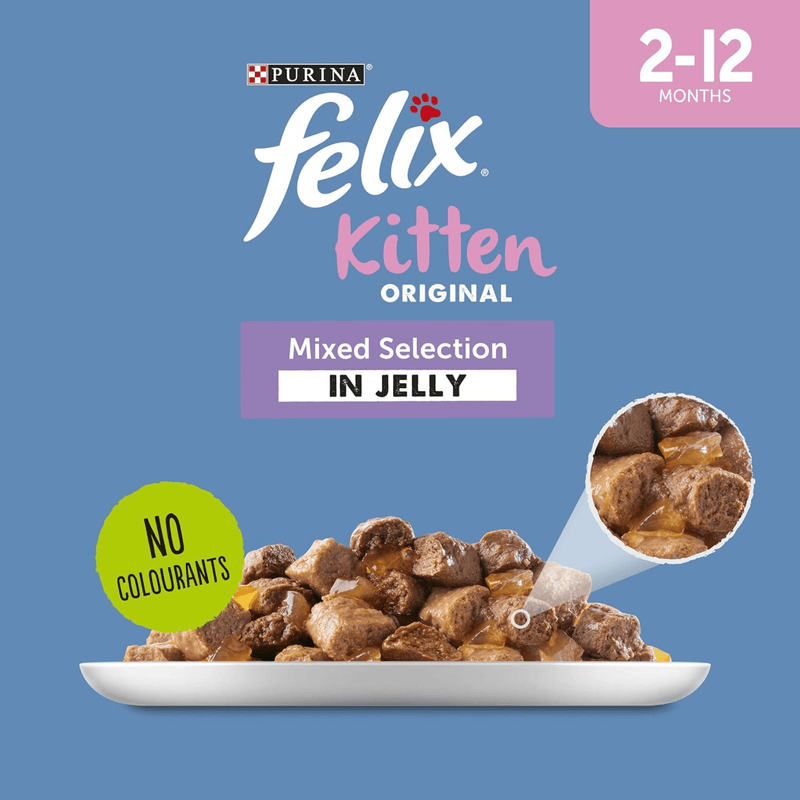 Close up of a dish of felix kitten jelly food on a plate