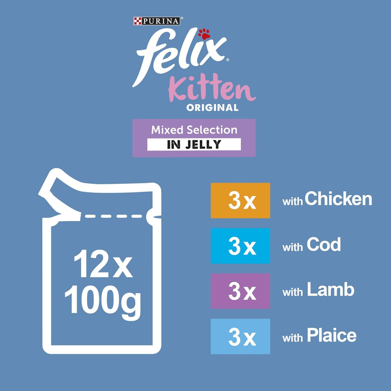 Felix Kitten Multi Pack broken down in to the 4 types being chicken, cod, lamb and plaice