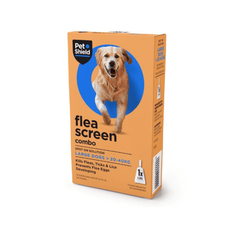 Pet Shield flea screen combo for large dogs packaging on a white background