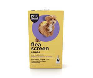 Pet Shield flea screen combo packaging for small dogs on a white background