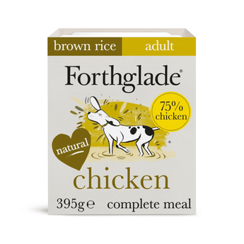 A box of Forthglade adult chicken & rice dog food, 395g, featuring a white box with brown and yellow accents, and an illustration of a black and white dog.