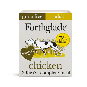 A box of Forthglade adult grain-free chicken dog food, 395g, featuring a white box with brown and yellow accents, and an illustration of a black and white dog.