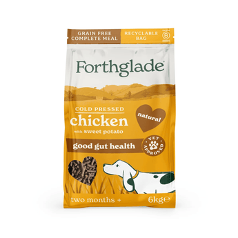 A 6kg bag of Forthglade Chicken with Sweet Potato dry dog food, featuring a white and orange packaging design with a cartoon dog and a heart-shaped graphic.