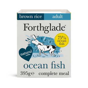 A 395g box of Forthglade Adult Ocean Fish brown rice complete meal for dogs, featuring a white and blue design with an illustration of a dog and a yellow '75% ocean fish' badge.