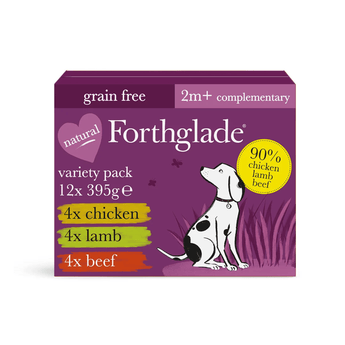A box of Forthglade grain free natural 2m+ complementary food for dogs, featuring a purple background with a white Dalmatian illustration and colour-coded sections for chicken, lamb, and beef.