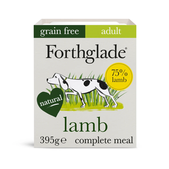 A box of Forthglade adult grain-free lamb dog food, 395g, featuring a white box with brown and green accents, and an illustration of a black and white dog.