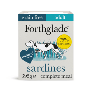 A 395g box of Forthglade Adult Ocean Sardines with Sweet potato complete meal for dogs, featuring a white and blue design with an illustration of a dog and a yellow '75% sardines' badge.