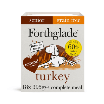 A box of Forthglade Senior Grain Free Turkey Complete Meal dog food, featuring a white box with brown and orange accents, an illustration of a dog lying in grass, and a yellow '60% lighter' badge.