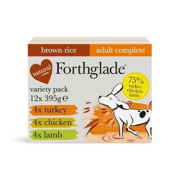 A box of Forthglade pet food variety pack for adult dogs, featuring brown rice and adult complete flavors. The packaging is light gray with orange, brown, and green accents, and features an illustration of a white dog with black spots.