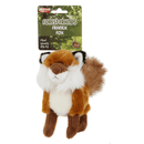 Small orange, brown and white fox dog toy attached to a green cardboard backing with white text 'Forest Friends Frankie Fox' and smaller text saying 'Plush squeaky dog toy'