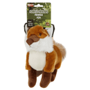 Large orange, brown and white fox dog toy attached to a green cardboard backing with white text 'Forest Friends Frankie Fox' and smaller text saying 'Plush squeaky dog toy'