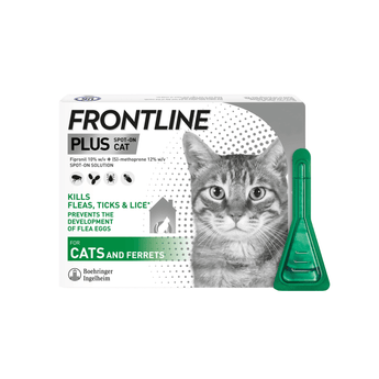 Frontline Plus flea, tick and lice treatment for cats and ferrets, shown with its retail box and a green application tool on a white background.
