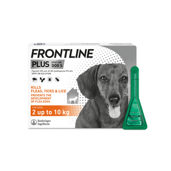 Frontline Plus spot-on for small dogs treatment packaging with a green pipette applicator shown beside the box on a white background.
