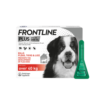 Frontline Plus spot-on for extra large dogs treatment packaging with a green pipette applicator shown beside the box on a white background.