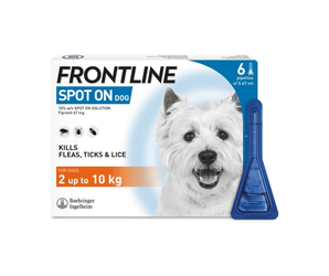 Frontline Spot On Dog flea, tick and lice treatment for dogs from 2kg up to 10 kg, shown with its white and blue retail box and a blue applicator tip on a plain white background.
