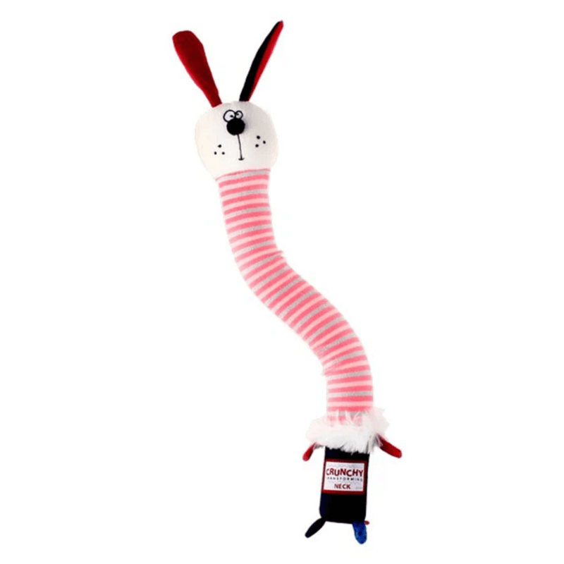 Rabbit shaped dog toy with an long bendy pink and grey stripy neck and small black and blue body. Rabbit has a friendly cartoon style face on a white background. 
